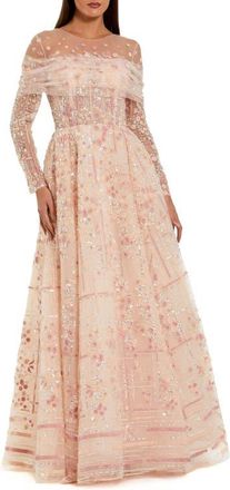 Mac Duggal Illusion Neck Long Sleeve Embroidered Ballgown in Rose at Nordstrom, Size 16