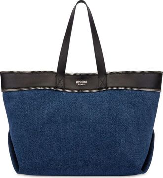 Moschino zip-trim denim and leather tote bag - women - Cotton - One Size - Blue