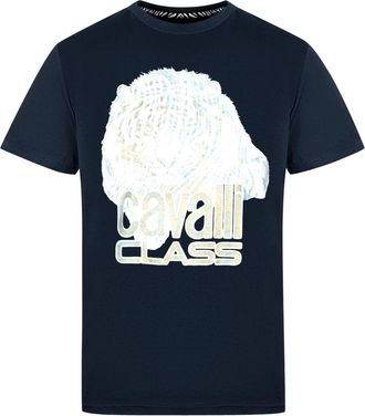 Cavalli Mens Large Tiger Logo Navy T-Shirt - Blue Cotton - Size X-Large