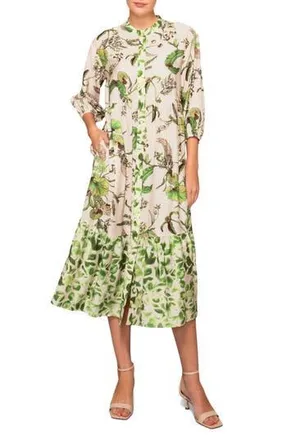 Melloday Mixed Media Midi Shirtdress in Ivory Green Print at Nordstrom Rack, Size X-Small
