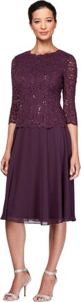 Alex Evenings Womens Tea Length Embroidered Bodice, Mother of The Bride Dress, Wedding Guest, (Petite and Regular Sizes) Special Occasion, Deep Plum, 14