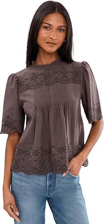 Madewell Embroidered Pintuck High-Neck Top Womens Clothing Chocolate Plum : XL (Womens 14-16), Cotton