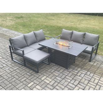 Fimous Aluminium 7 Seater Outdoor Garden Furniture Lounge Sofa Set Gas Fire Pit Dining Table with Big Footstool Dark Grey - Fimous