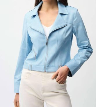 Joseph Ribkoff Foiled Faux Suede Fitted Jacket With Decorative Buckles In Sky Blue