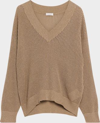Brunello Cucinelli Metallic Open Rib V-Neck Sweater