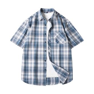Generic Mens Checked Shirt Short Sleeve Flannel Shirt for Men Fashion Lightweight Lapel Collar Button Down Summer Casual Tops Breathable Versatile Daily Wear 