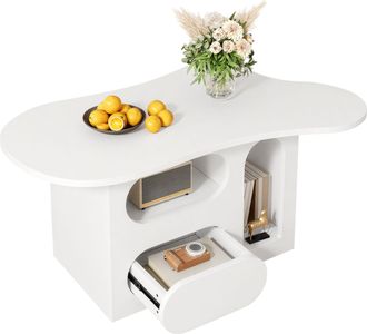 STILVORA Mesa De Centro Forma De Nube Con 2 Cajones Y Compartimentos Abiertos, Bordes Redondeados, Estilo Moderno, En Aglomerado, Blanco, 97&times;45&times;43,5 Cm