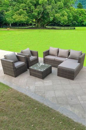 Fimous Lounge Rattan Sofa Set With Tables 2 Armchair Stool Outdoor Furniture 6 Seater in Dark Grey