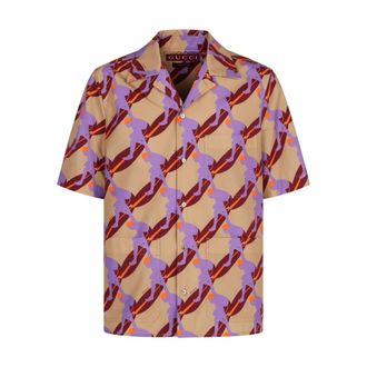 Gucci Geometrisch Bedrukt Shirt met Korte Mouwen - Heren - Overhemden - Beige - Maat: L Leer