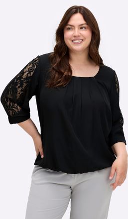 Sheego Longbluse SHEEGO BY JOE BROWNS, Damen, Gr. 40, schwarz, 100% Polyester, Spitze:100% Polyamid, unifarben, Rundhals, Blusen Longbluse