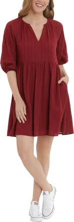 London Times V-Neck With Elastic Hems Short Blouson Cotton Dress In Ruby Wine