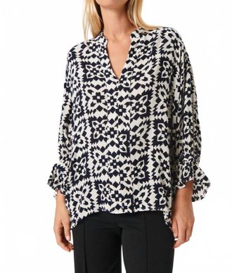 Soaked In Luxury Zaya V-Notch Neck Blouse In White And Navy Folklore