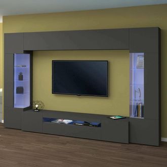 Dmora Dmora - Pared Equipada Dberard, Conjunto De Sal&oacute;n Mueble De Tv Con 6 Puertas, Mueble De Sal&oacute;n Polivalente Con Luz Led, 100% Made In Italy, Cm 290x40h1