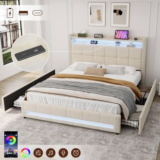 Matteo 4ft6 Double Upholstered Bed - LED Storage, USB/Type-C Charging in Beige