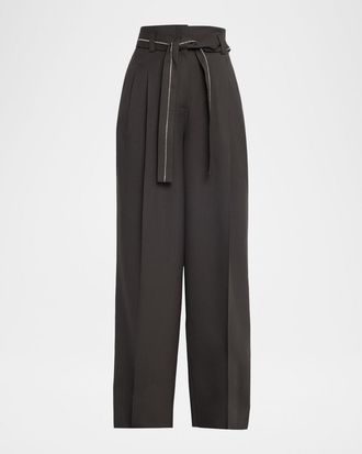 PESERICO Belted Wide-Leg Wool Flannel Trousers