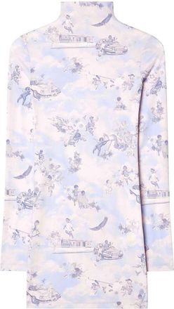 Off-white Light Blue High-Neck Mini Dress With Print