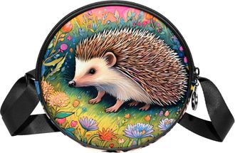 Generic Circle Crossbody Bag for Women, Color Drawing Hedgehog Small Sling Bag Daypack with Zipper Adjustable Shoulder Straps Casual Ladies Girls Round Purse