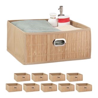 Relaxdays 10 Cestos Almacenaje Bamb&uacute;, Cesta Cuadrada Tela Ba&ntilde;o, Caja Estante, 14 X 31 X 31 Cm, Plegable, Marr&oacute;n Natural