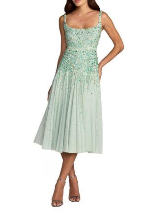 Mac Duggal Beaded Mesh Square Neck Sleeveless Midi Dress in Seafoam Multi at Nordstrom, Size 10