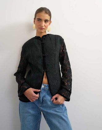 Topshop giacca morbida in pizzo con colletto alla coreana nera-Nero