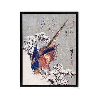 Artery8 Japanese Pheasant In Snow Framed Canvas Wall Art Print Utagawa Hiroshige in Orange | Size: W24 x H32