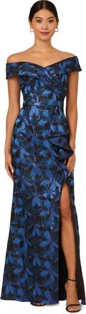 Adrianna Papell Womens Off Shoulder Jacquard Gown - Blue - Size 14 UK