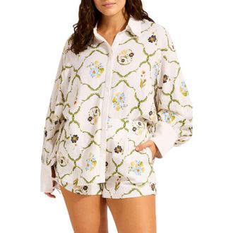 Seafolly Floral Linen Blend Cover-Up Shirt in White at Nordstrom Rack, Size Small