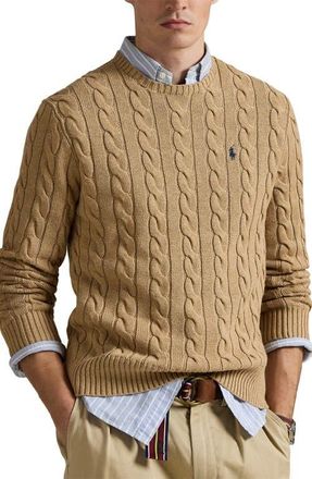 Polo Ralph Lauren Cable Knit Cotton Crewneck Sweater in Camel Melange at Nordstrom, Size Xx-Large