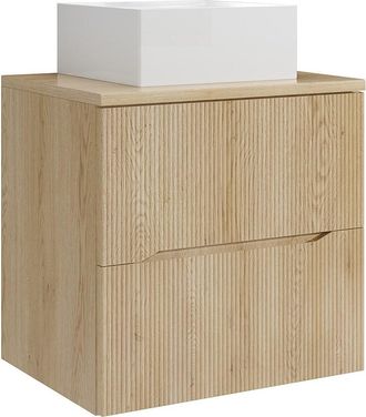 Vente-Unique Mueble de ba&ntilde;o suspendido estriado con lavabo sobre encimera cuadrado - Natural claro - 60 cm - ORISO