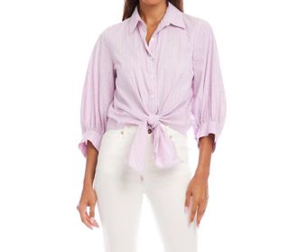 Karen Kane Stripe Blouson Sleeve Embellished Tie-Front Top In Pink