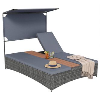 Costway Costway 2-Person Rattan Sun Lounger with Canopy & Central Table in Grey