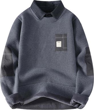 Generic Mens Knit Sweater Coat Shirt Collar Design Fleece Lined Warm Long Sleeve Outerwear Casual Autumn Winter Jacket (Grey, XXXL)