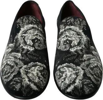 Dolce & Gabbana Black Floral Slippers Men Loafers Dress Mens Shoes