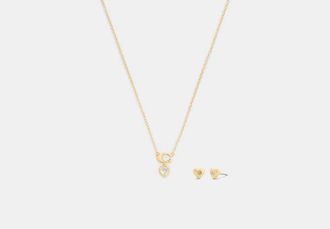 Coach Signature Heart Pendant Necklace And Earrings Set