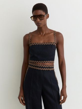 Reiss Navy & brown Linen Wave-trim Cropped Cami Top, 10