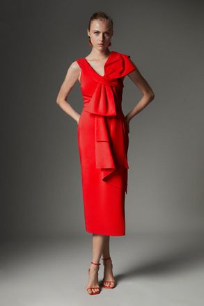 Karen Millen Womens Archive Collection - Tall Bow Detail Asymmetric Off The Shoulder Midaxi Dress - Red viscose - Size 6 UK