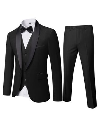 Mys Mens 3 Piece Tuxedo Set with Bow Tie, Shawl Lapel One Button Jacket Vest & Pants, Slim Fit Suit Prom Party Wedding Tux, Black, M