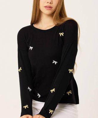 French Kyss Scoop Neck Bow Detail Top In Black/multi