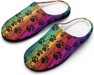 Generic Colorful Wood Paw Print Womens Slippers Warm House Slippers Indoor House Shoes with Anti-Skid Rubber Sole