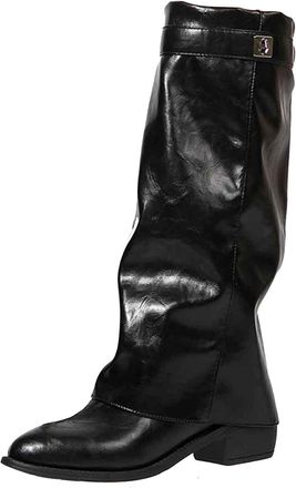 Generic Womens Knee High Boots Solid Color Pointed Toe Thick Block Low Heels Slip On Comfortable Womens Riding Boots Fall Winter Waterproof Casual Mid Calf Bo