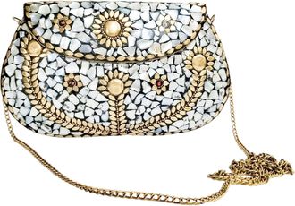 Generic silver golden Minimalist Mosaic Clutch Purse for Her - Vintage Ornate Indian bohemian Bag - Wedding Bridal Mother of Pearl Purse