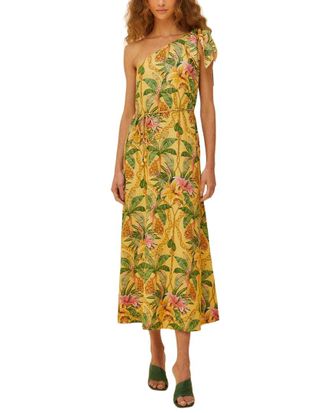 Farm Rio Linen-Blend Tropical Paradise One Shoulder Petals Maxi Dress