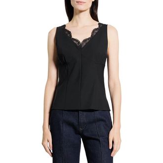 Theory Lace Trim Tailored Virgin Wool Blend Top in Black at Nordstrom, Size 14