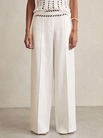 Reiss White Petite Linen Wide-leg Whipstitch Trousers, 12
