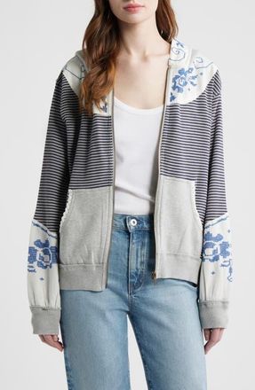Free People Lydia Mixed Media Zip-Up Hooded Sweater in Grey Combo at Nordstrom, Size X-Small