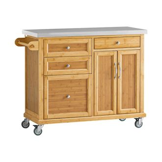 SoBuy Isla de cocina con piso de acero bamb&uacute; color natural