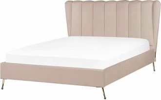 Beliani Velvet Fabric eu Double Size Bed Frame 4ft6 Headboard with usb Port Gold Metal Legs Taupe Miribel