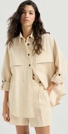 Brunello Cucinelli Techno cotton striped seersucker shirt with monili in Zabaione Yellow at Nordstrom, Size X-Large