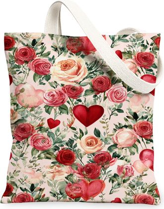 Generic ValentineS Day Floral Canvas Tote Bags, Romantic Roses Heart Pattern Reusable Shopping Bags, Lightweight Washable Shoulder, Multicolor, 13x15 Inch