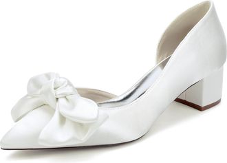 Generic Womens Satin Bridal Wedding Pumps Pointed Toe Block Heel Bridal Low Heels Style Bow Bridesmaid Shoes 4.5Cm,Ivory,10 UK